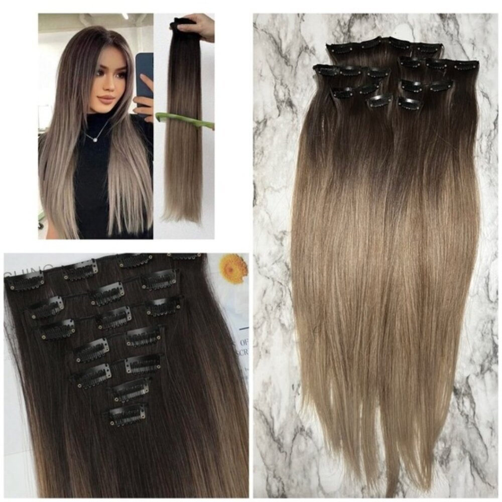 24 Inch Ombre Clip in Hair Extensions Brown to Light Blonde in Straight - Picture 5 of 5